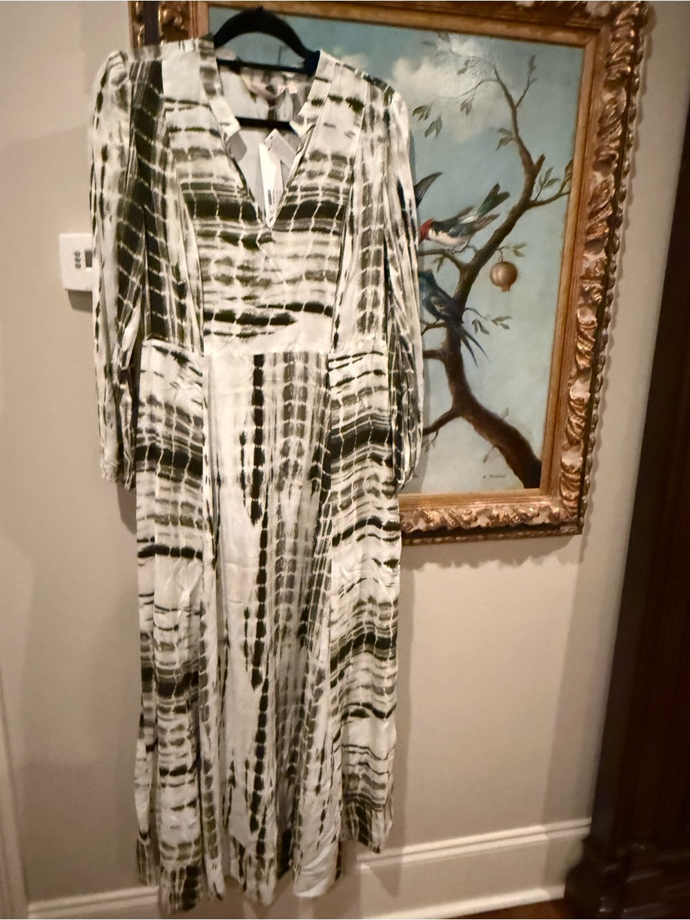 Soft Soft Surroundings Long Sleeve Tie-Dye Maxi Dress in Olive and White
